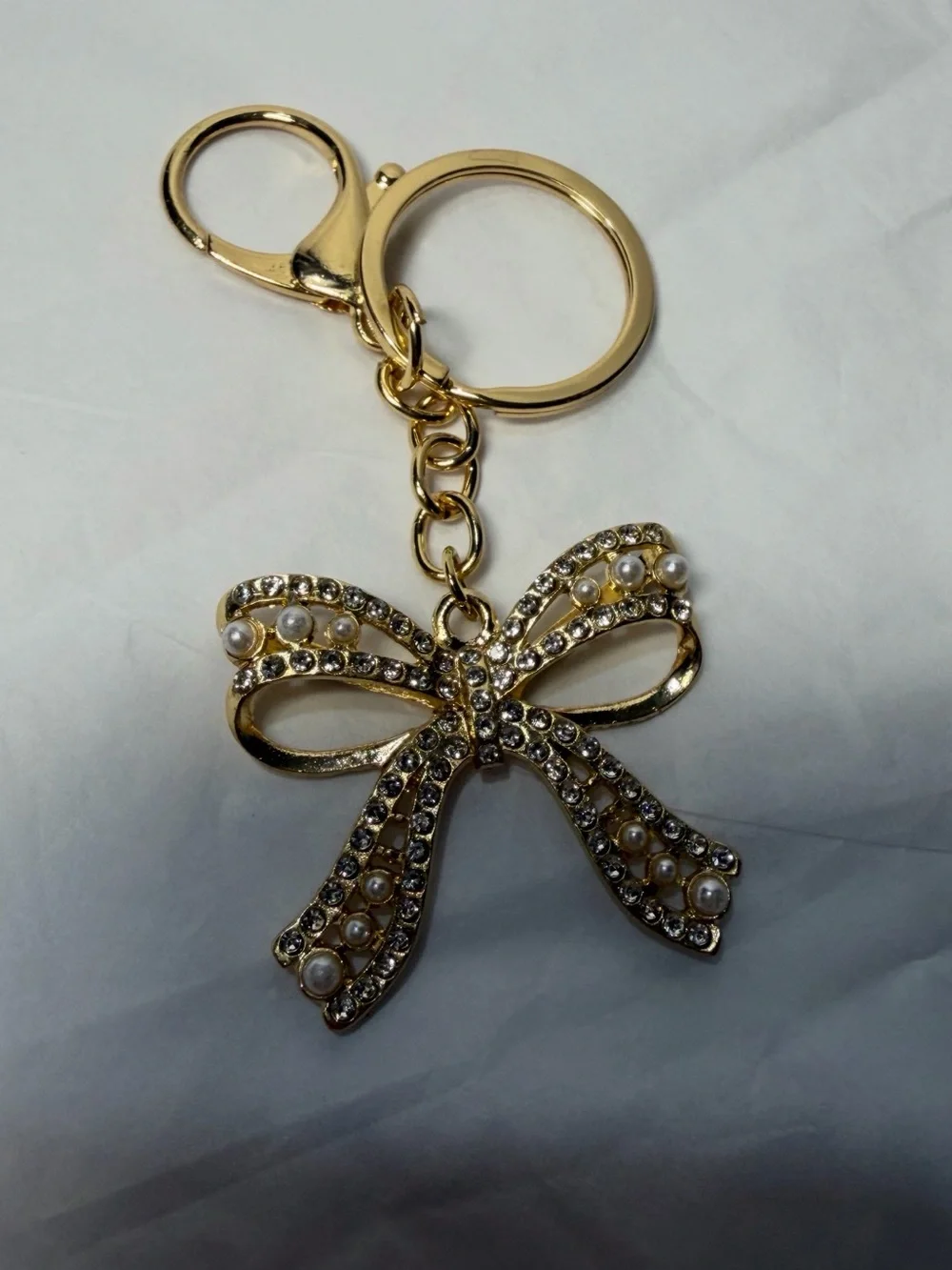 Gold Bow Crystal & Pearl Keyring Charm - Women's Accessory